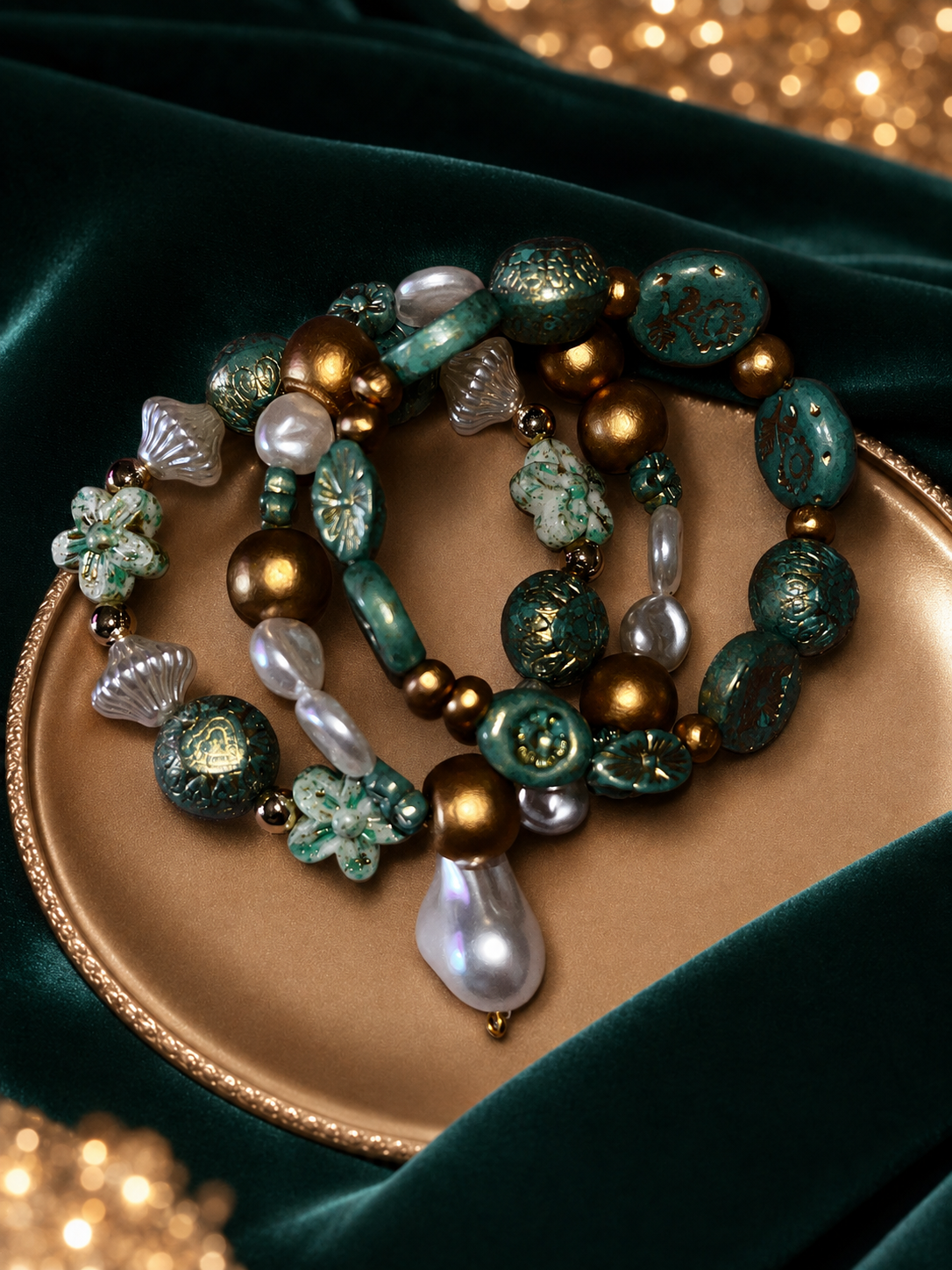 Emerald Green & Gold Bracelet Set