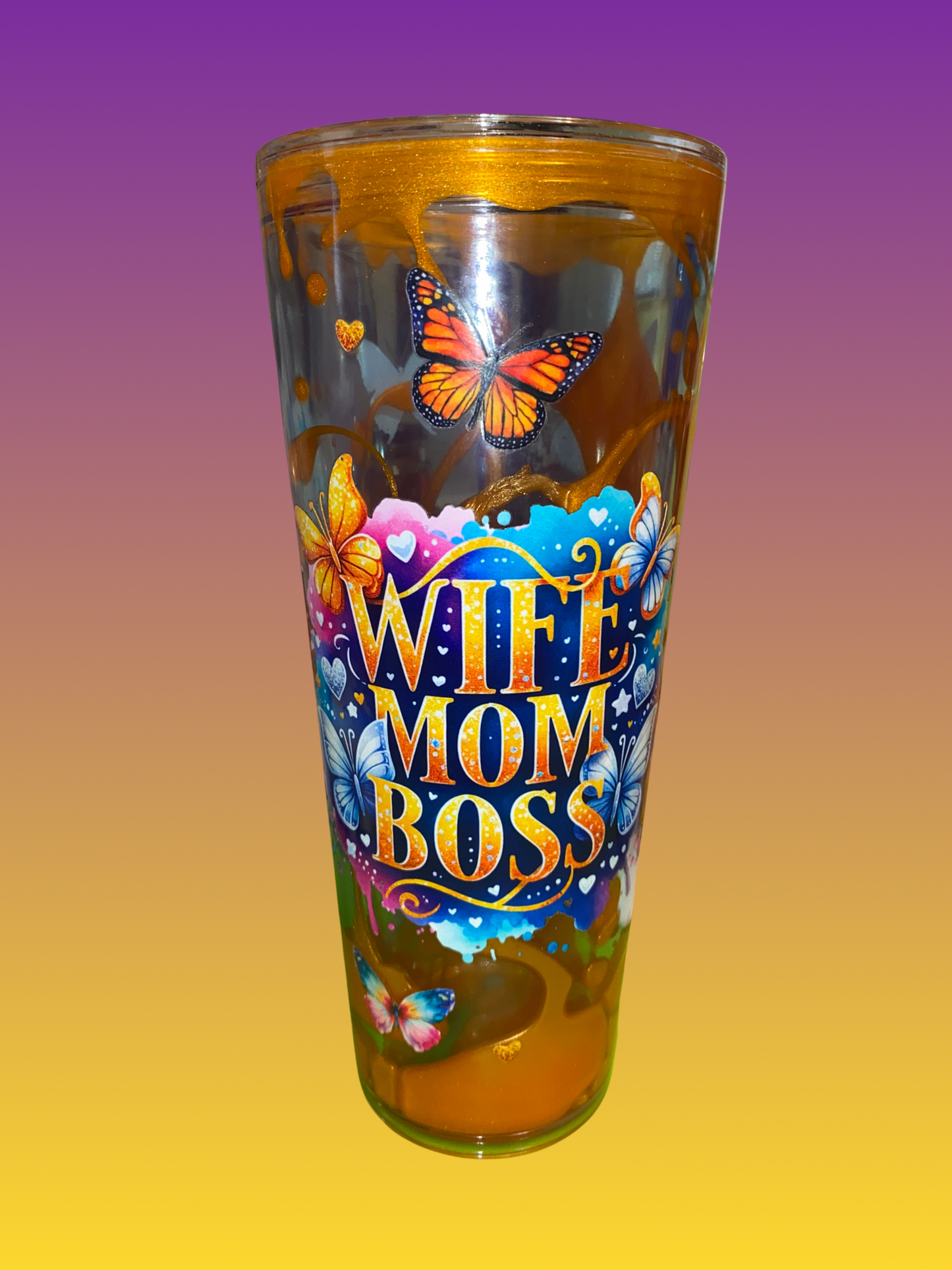 Wife Mom Boss Tumbler – Orange Lava and Blue Galaxy Butterflies