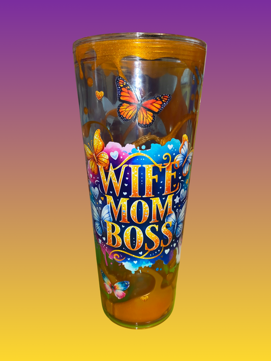 Wife Mom Boss Tumbler – Orange Lava and Blue Galaxy Butterflies